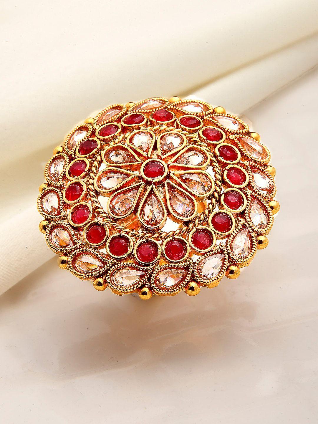 zeneme women gold-plated floral shaped ad-studded finger ring