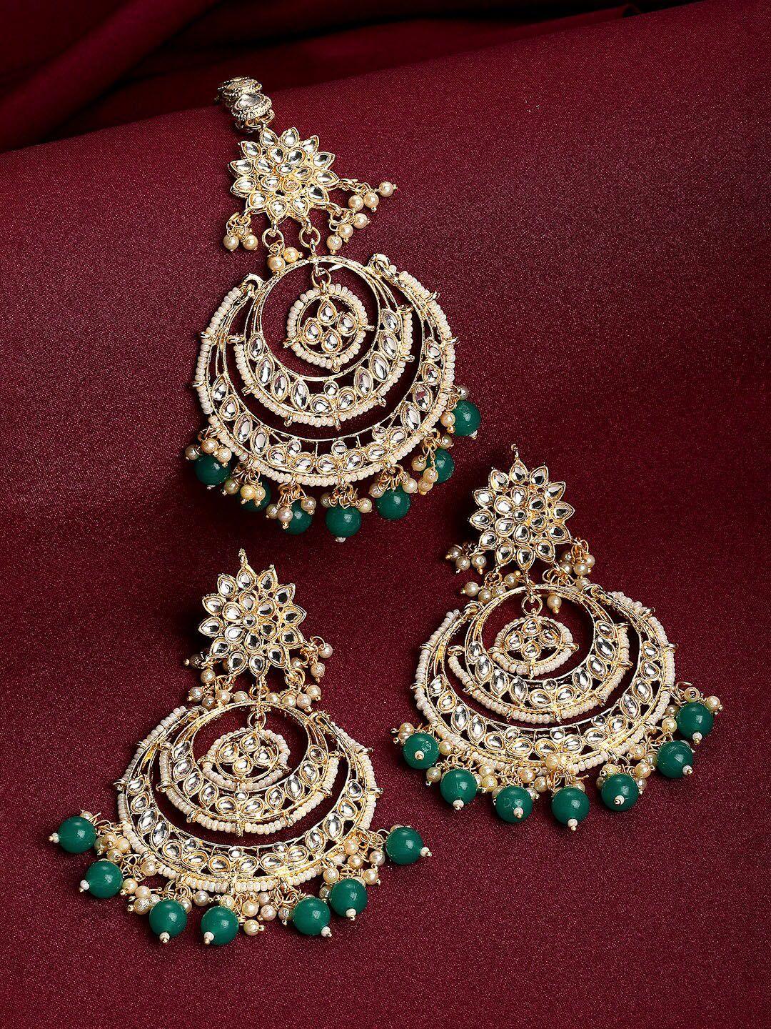 zeneme women gold-plated green stone studded & beaded jewelry set