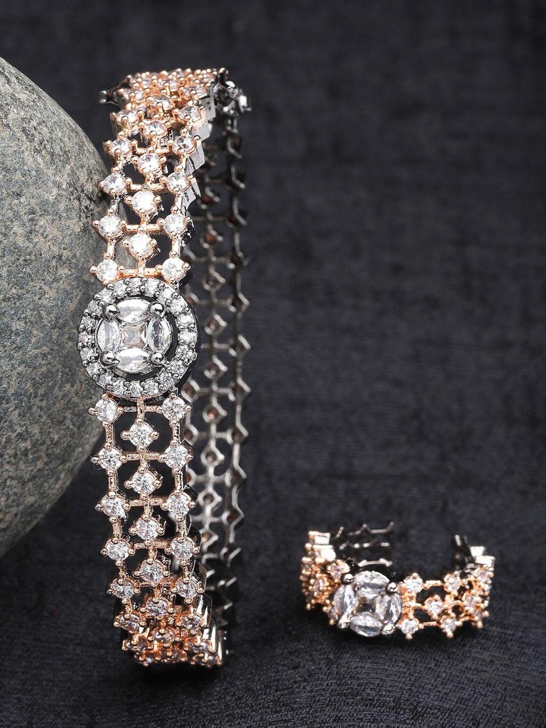 zeneme women rose gold-plated american diamond bracelet with ring