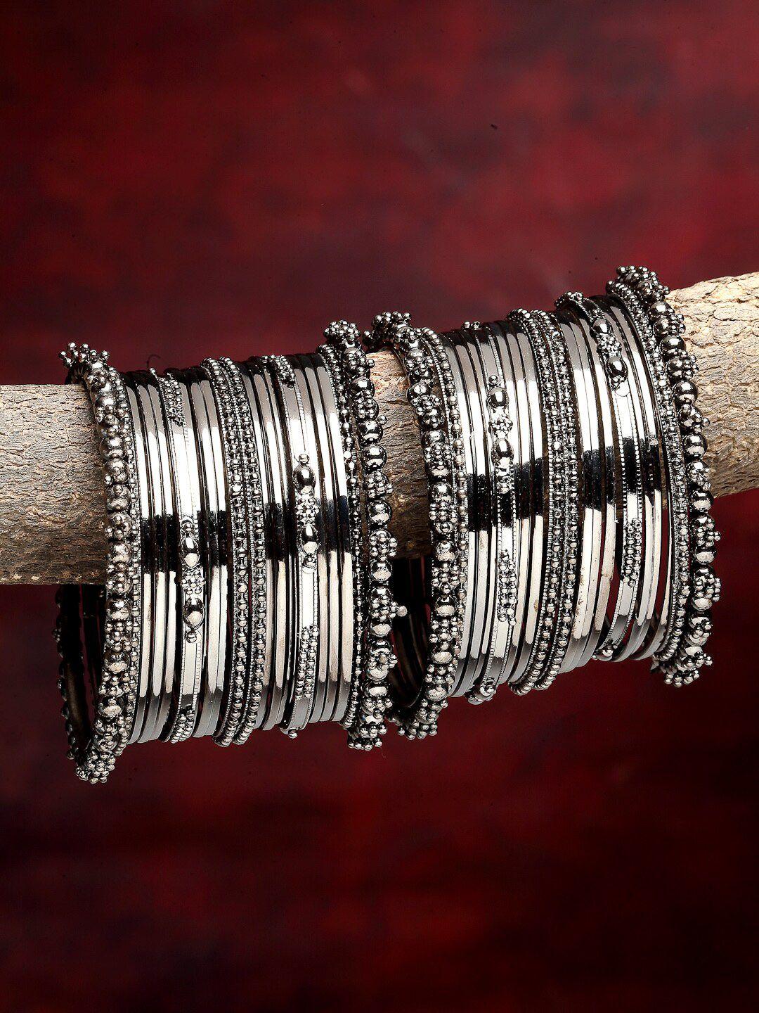 zeneme women set of 40 black tone nickel-plated and oxidised textured bangle