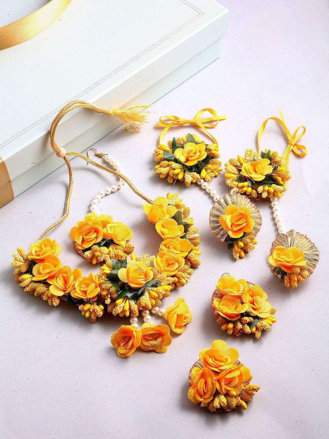 zeneme women yellow & white pearl gota patti flower jewellery set