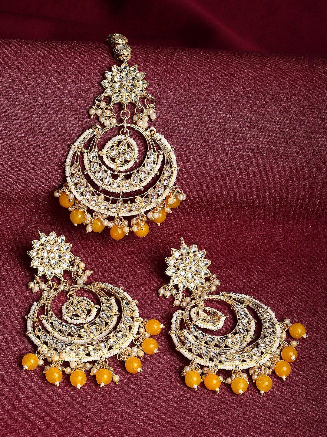 zeneme yellow & white-toned gold-plated maangtikka with earrings