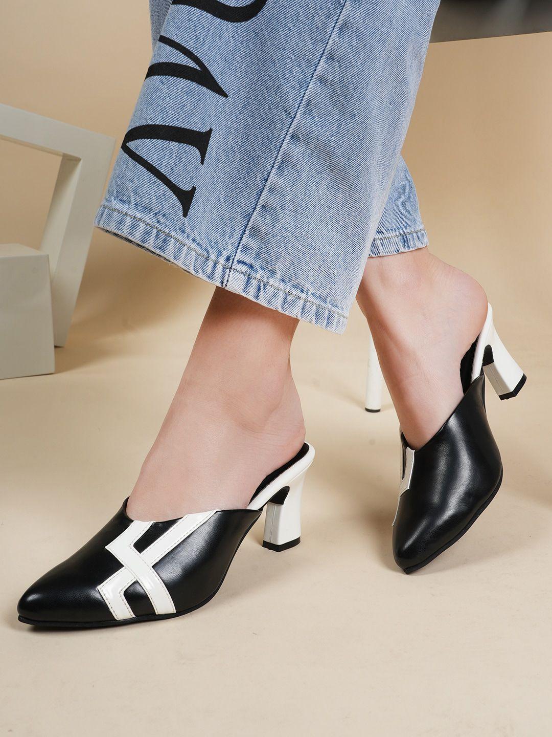 zenvo printed pointed toe block heeled mules