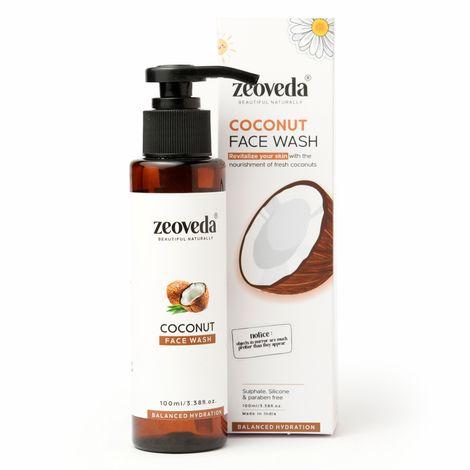 zeoveda hydrated coconut facewash with coconut extracts, coconut oil, and coconut water for skin moisturization - 100 ml