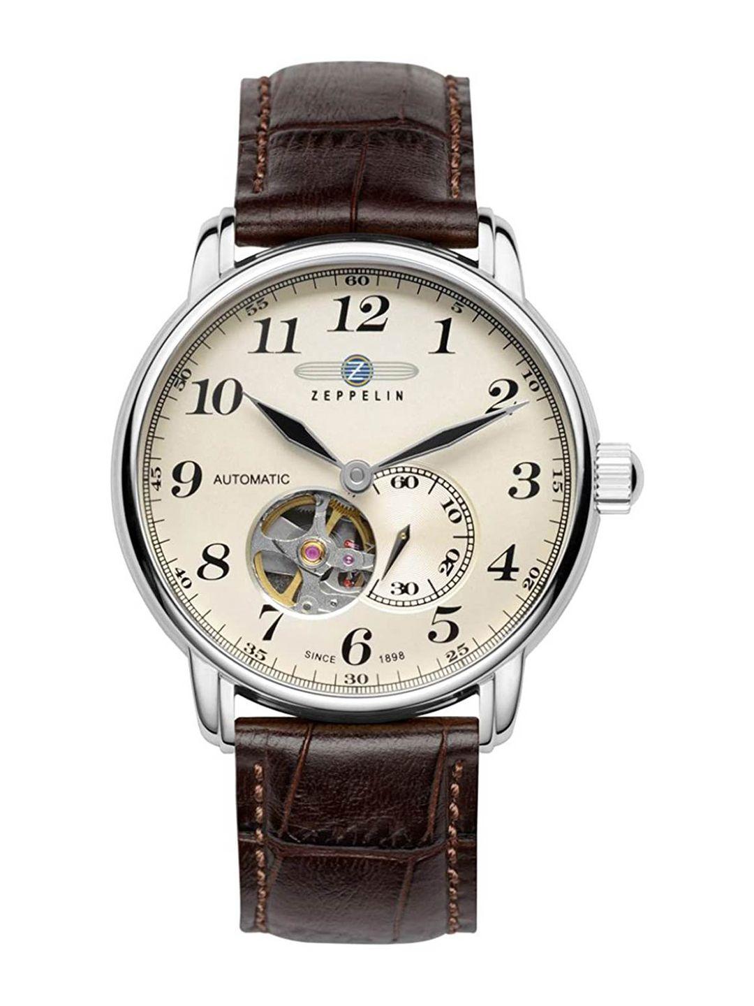 zeppelin men beige skeleton dial & brown leather textured straps analogue automatic motion powered watch