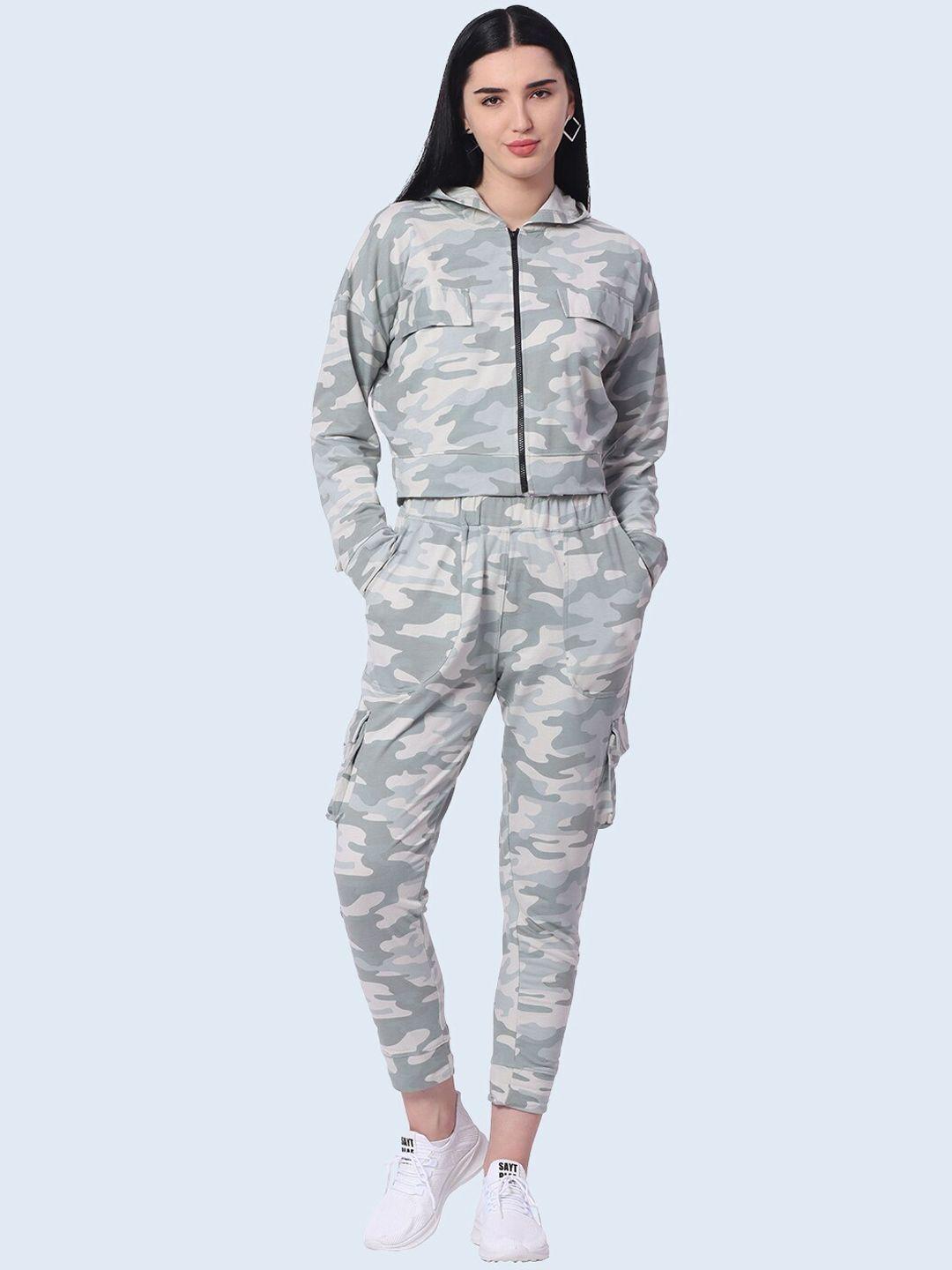 zerac camouflage printed hooded crop top & trousers