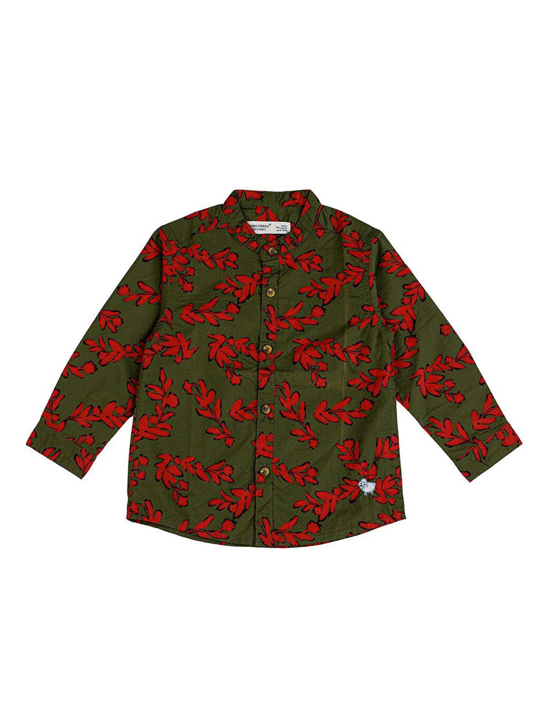 zero three boys olive green & red printed casual shirt