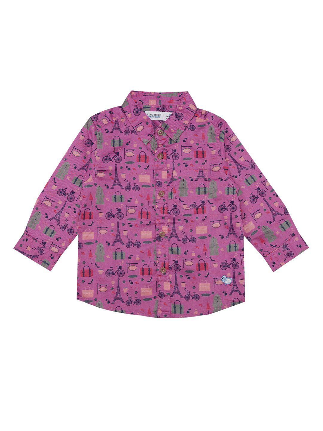 zero three boys pink & green printed cotton casual shirt