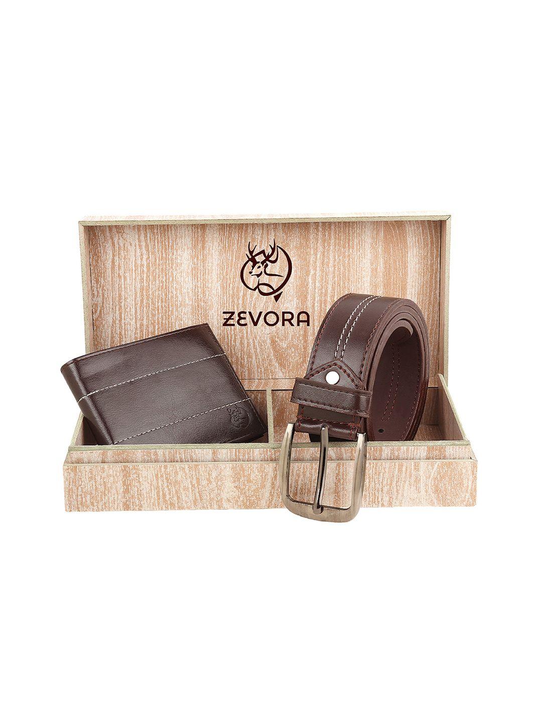 zevora men brown solid belt & wallet accessory gift set