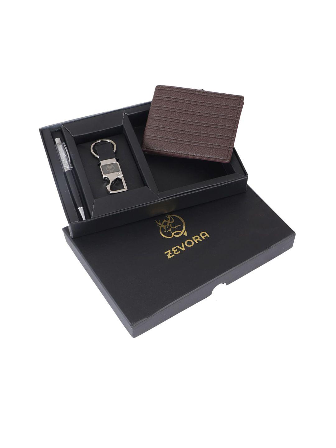 zevora men leather wallet pen & keychain gift set