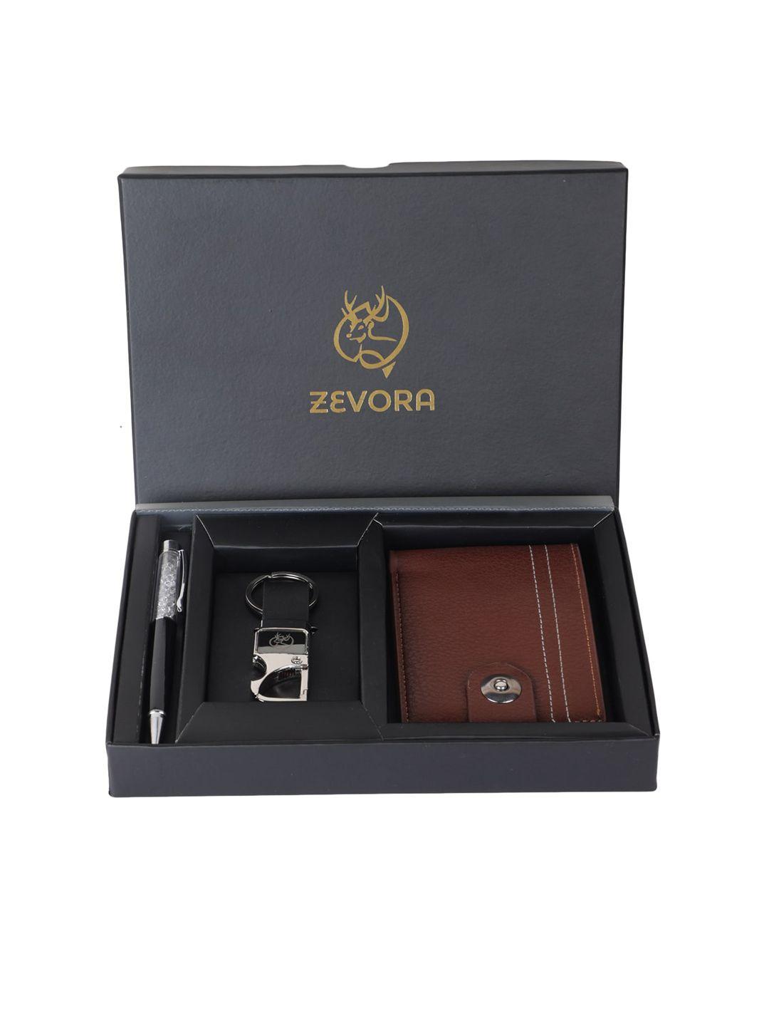 zevora men leather wallet pen & keychain gift set