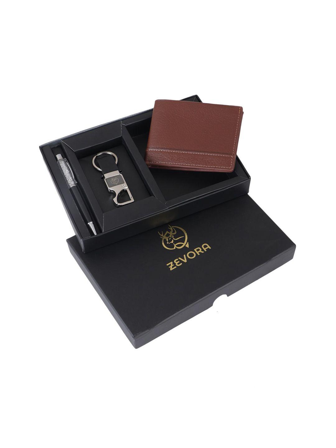 zevora men leather wallet pen & keychain gift set