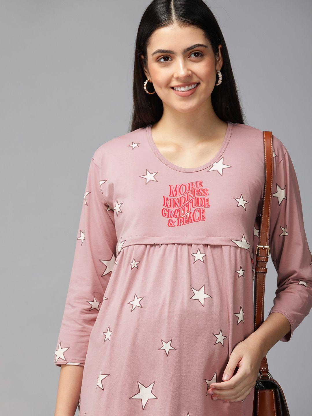 zeyo dusty rose pink & off white star print maternity & feeding pure cotton top