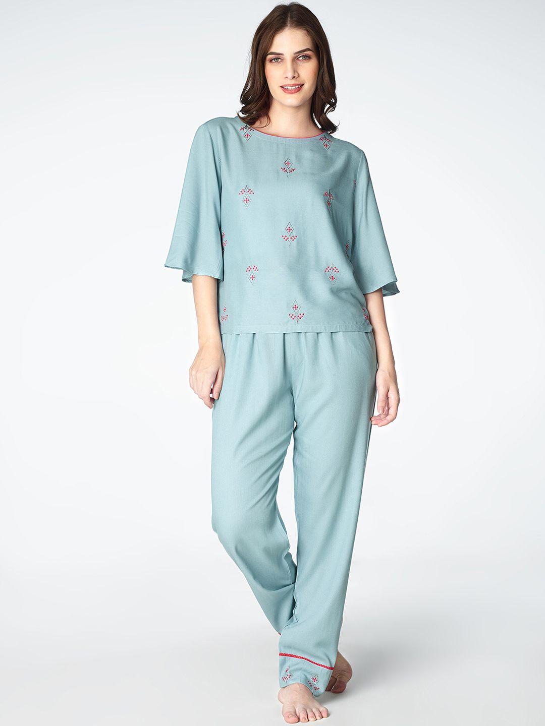 zeyo floral embroidered night suit