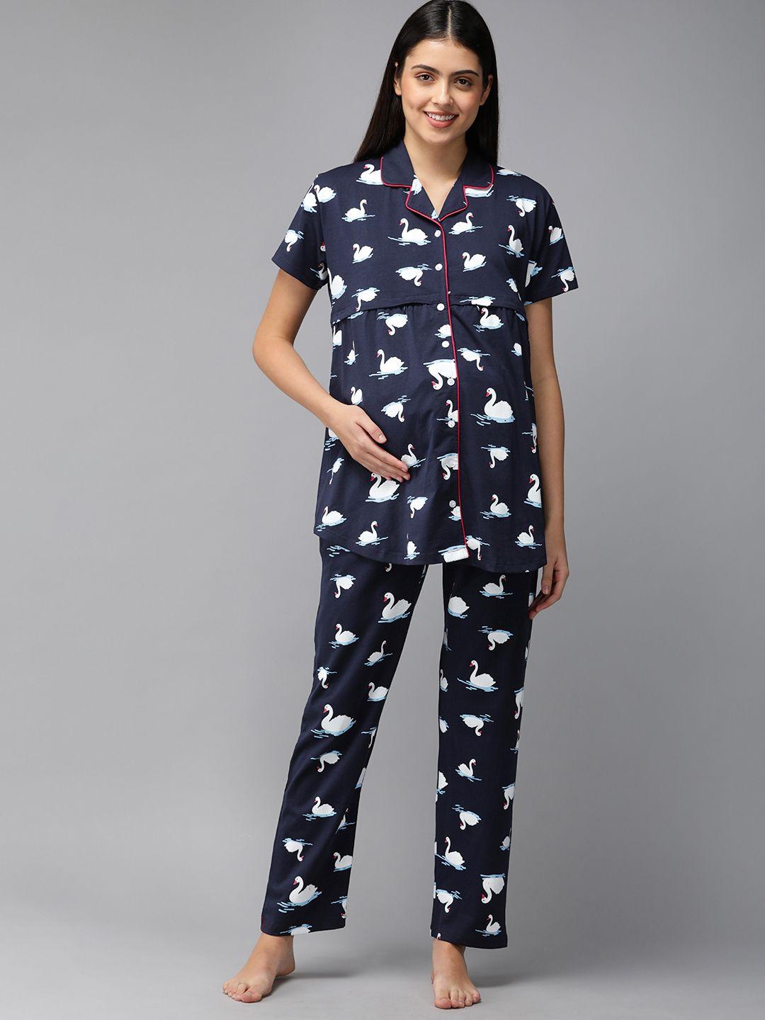 zeyo women navy blue & white pure cotton printed maternity & feeding pyjama set