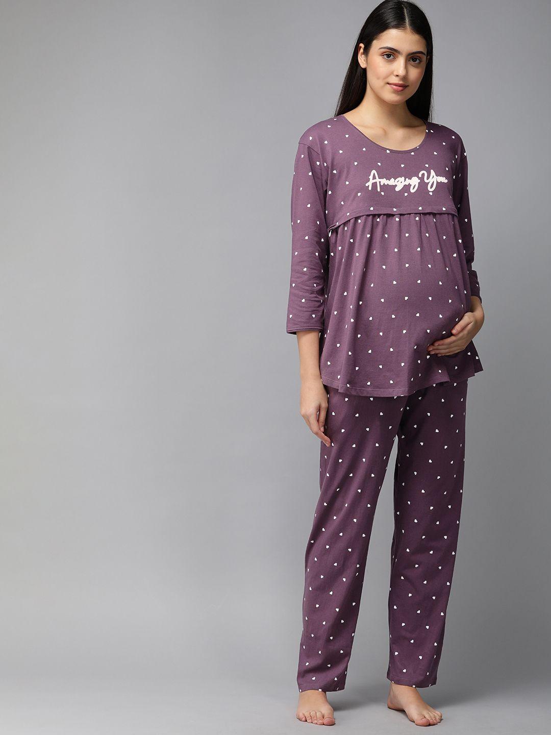 zeyo women purple & white conversational printed cotton maternity pyjama set