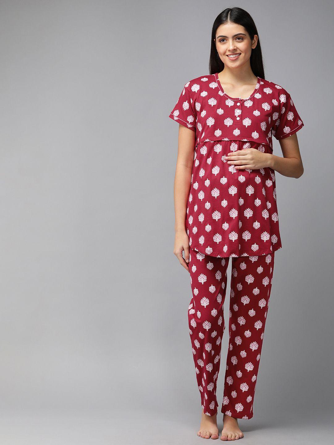zeyo women red & pink floral print cotton maternity pyjama set