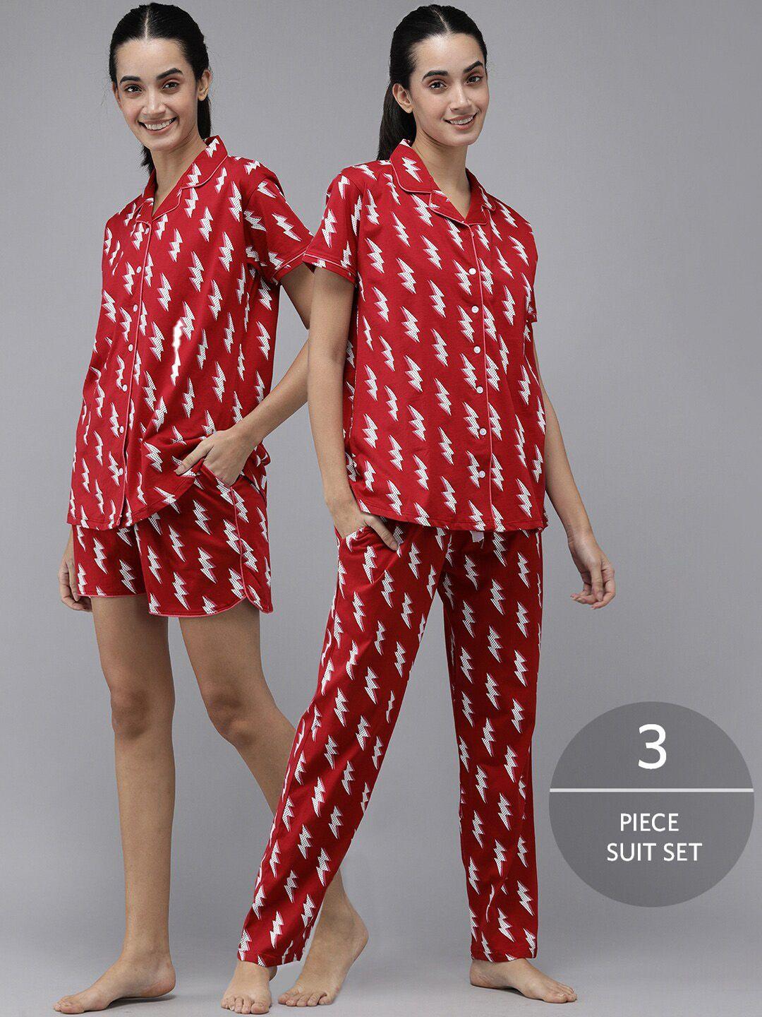 zeyo 3 piece conversational printed pure cotton night suit