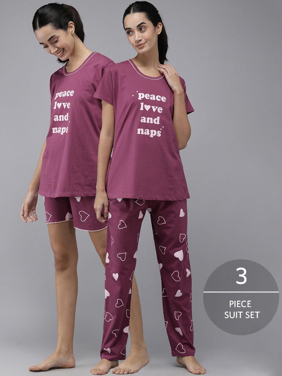 zeyo 3 pieces conversational printed pure cotton night suit