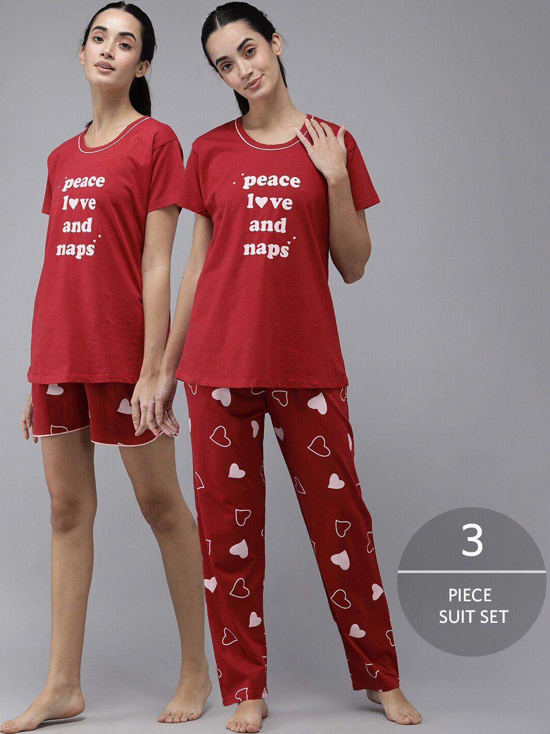 zeyo 3 pieces typography printed pure cotton night suit