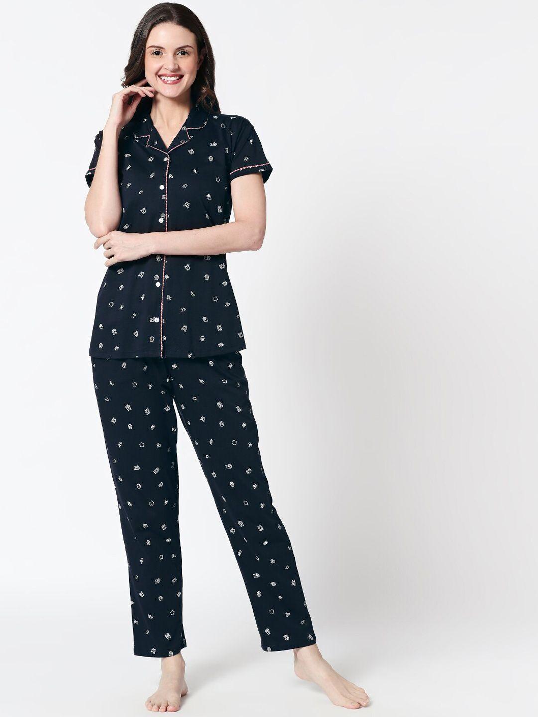 zeyo conversational printed pure cotton night suit