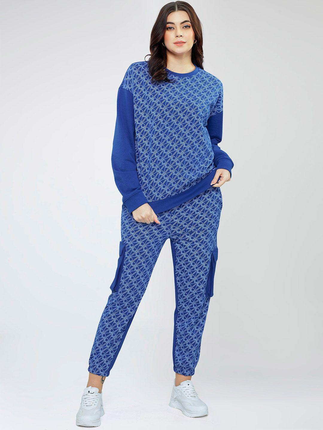 zeyo geometric printed round neck sweatshirt with trousers