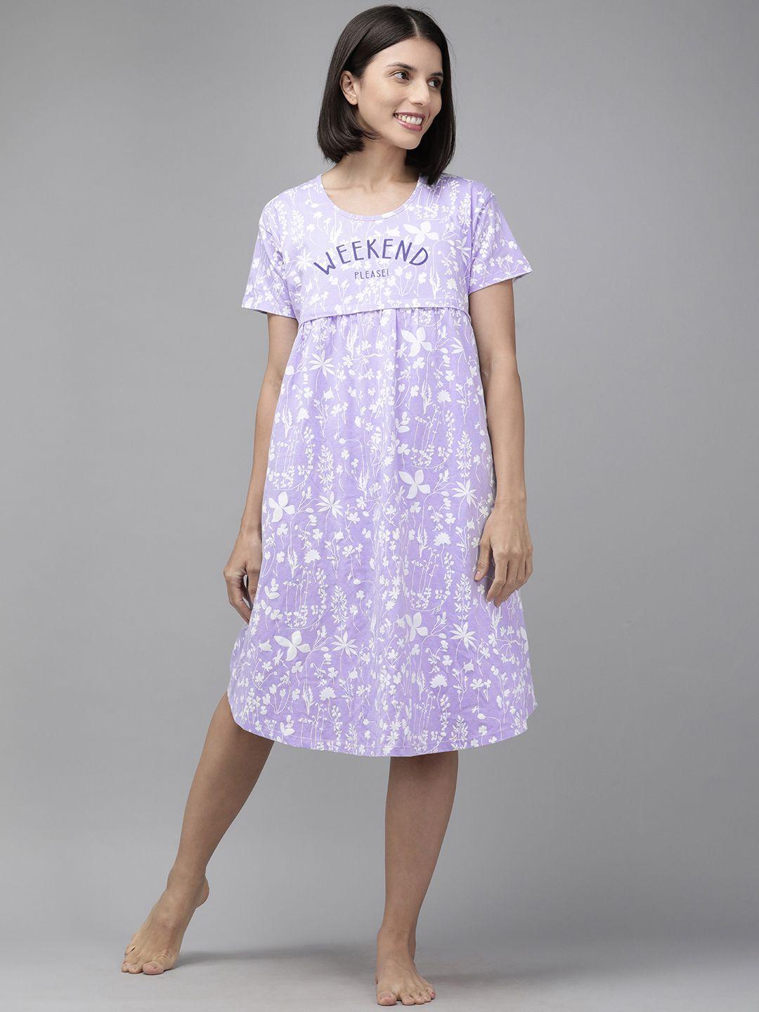 zeyo lavender & white printed cotton maternity & feeding nightdress