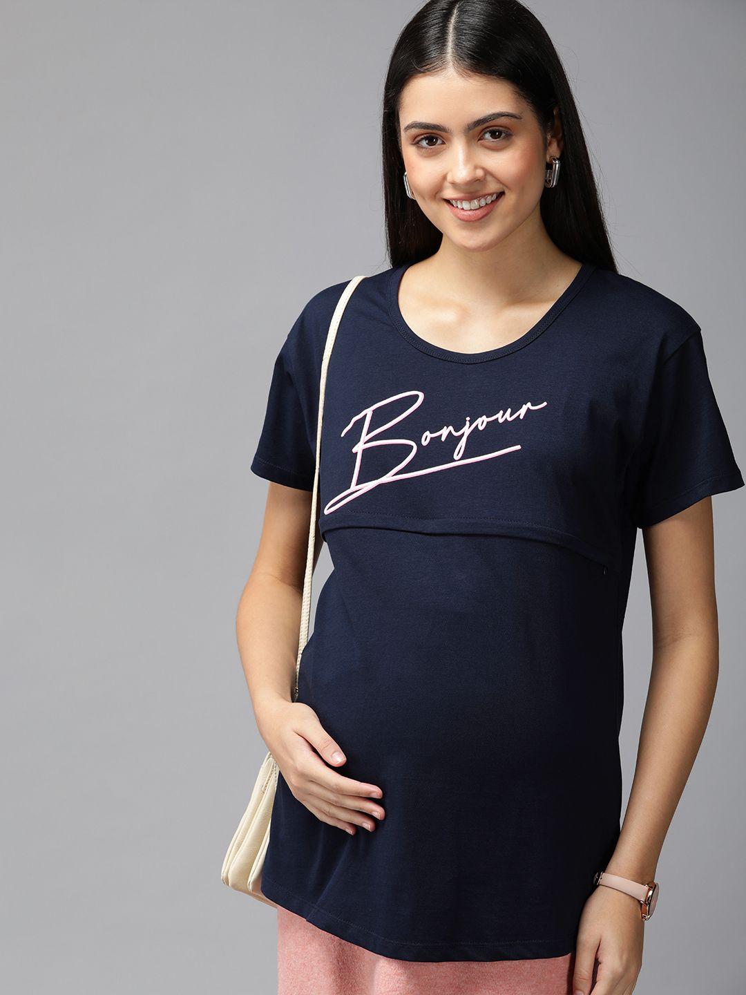 zeyo navy blue solid maternity & feeding pure cotton top