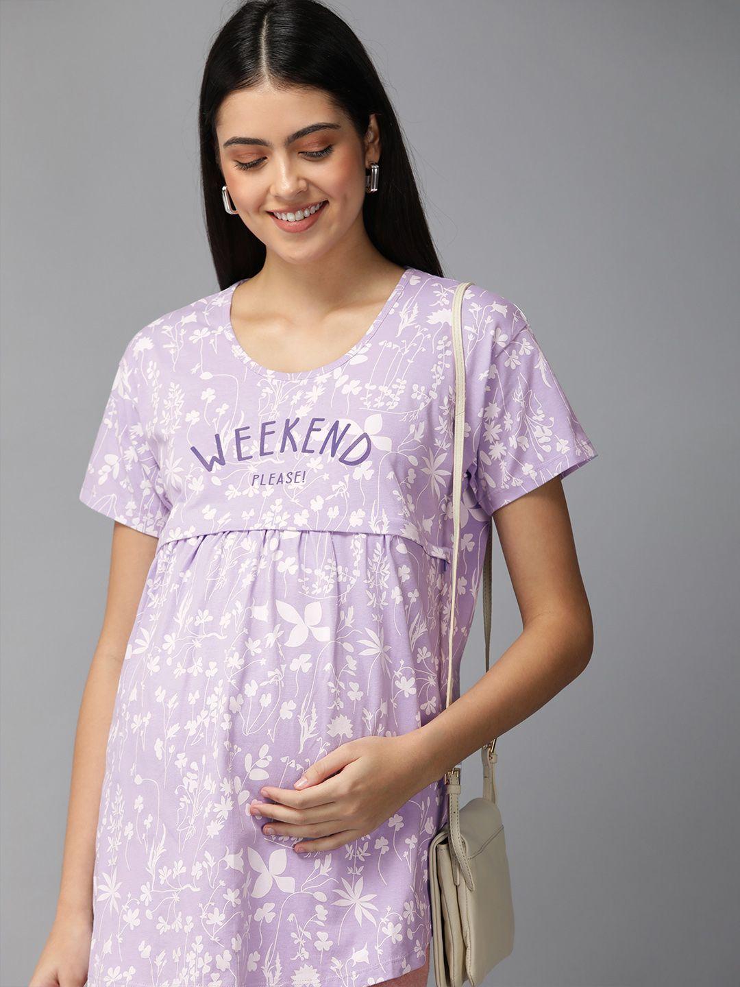 zeyo purple & white floral printed cotton maternity top