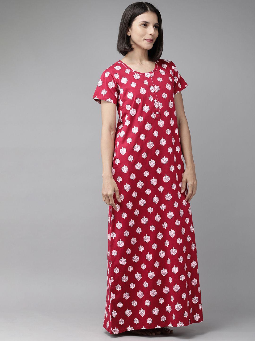 zeyo red & pink printed cotton maxi nightdress