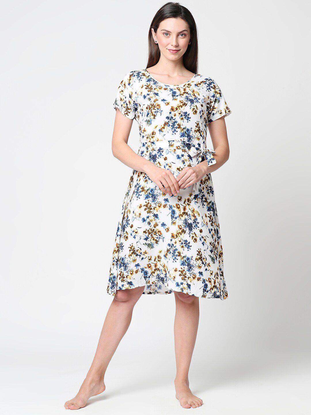 zeyo white & blue floral printed nightdress