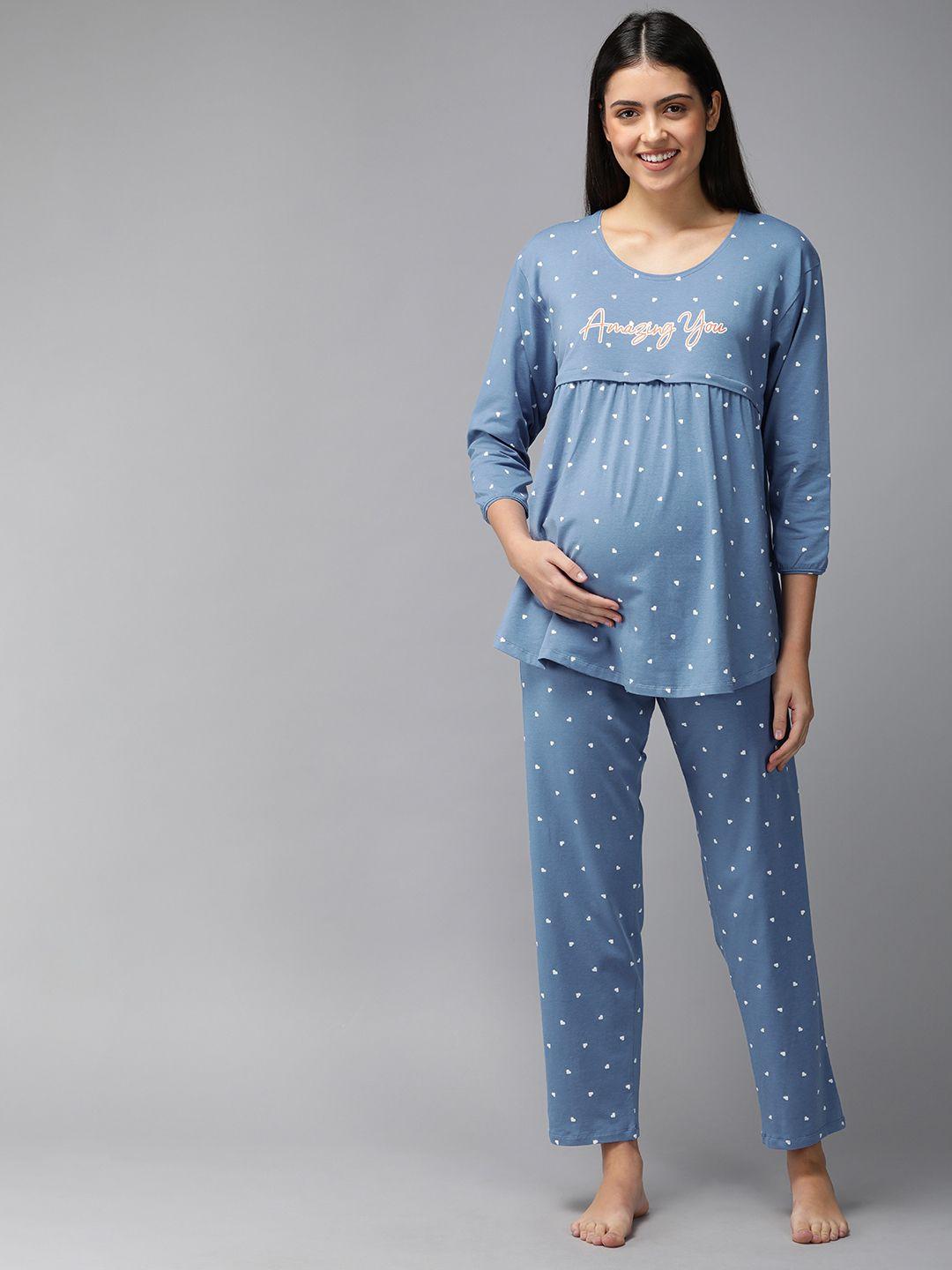 zeyo women blue & white conversational printed cotton maternity pyjama set