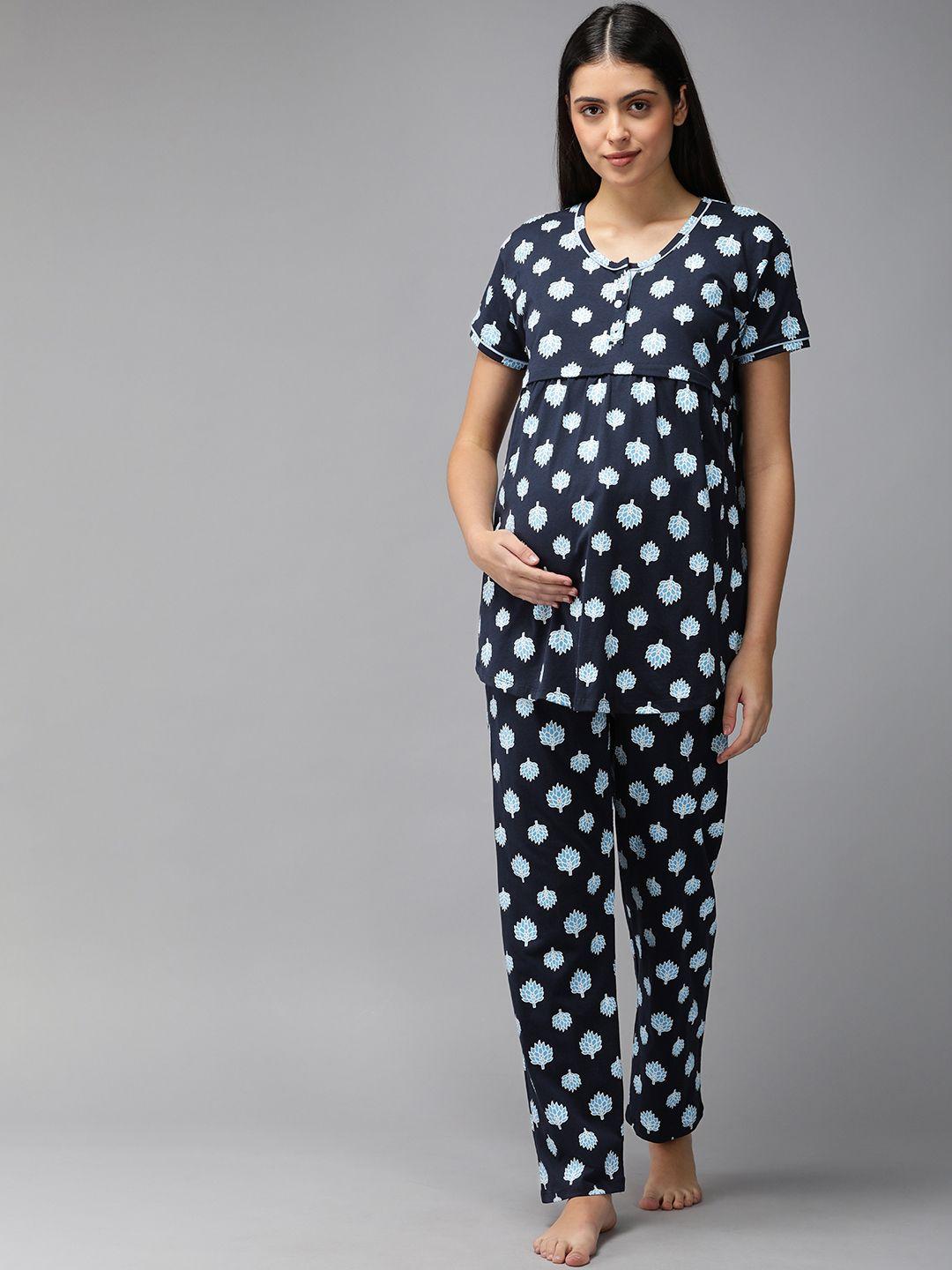 zeyo women blue & white floral print cotton maternity pyjama set