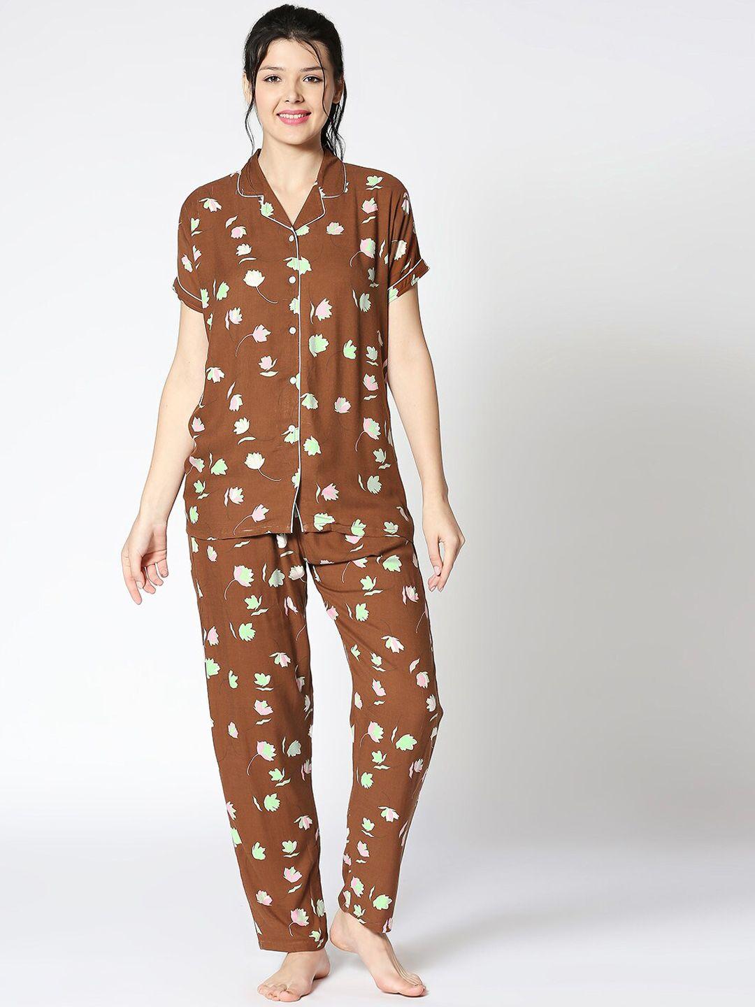 zeyo women brown & white printed night suit