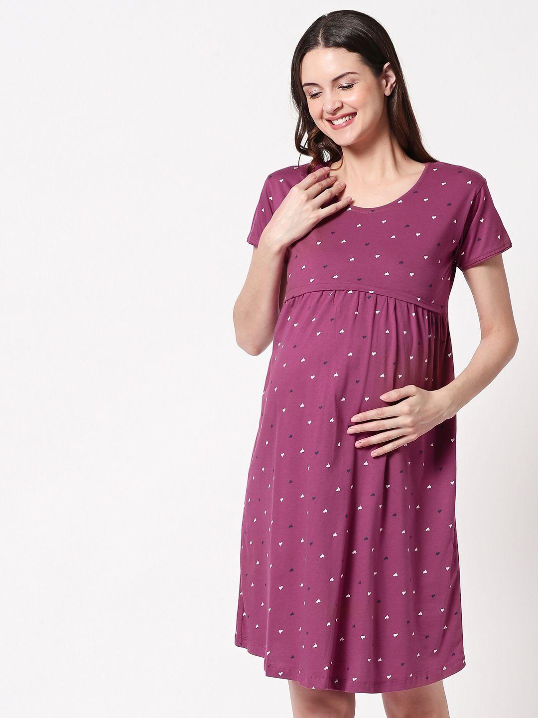 zeyo women burgundy printed cotton maternity sleep shirt