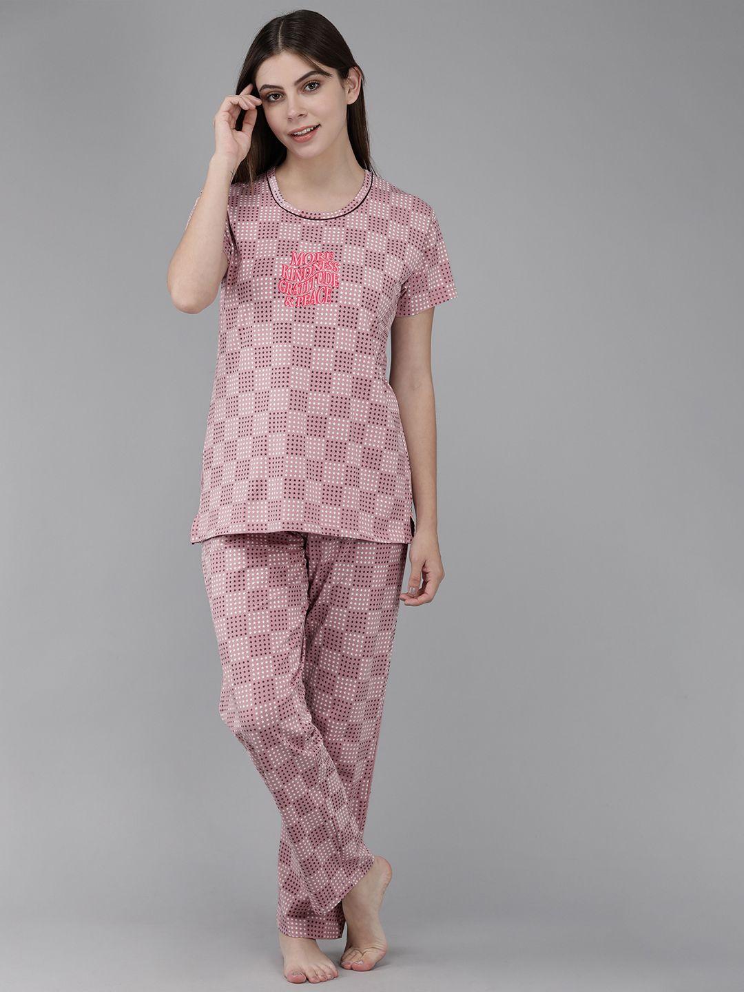 zeyo women dusty pink & white printed night suit