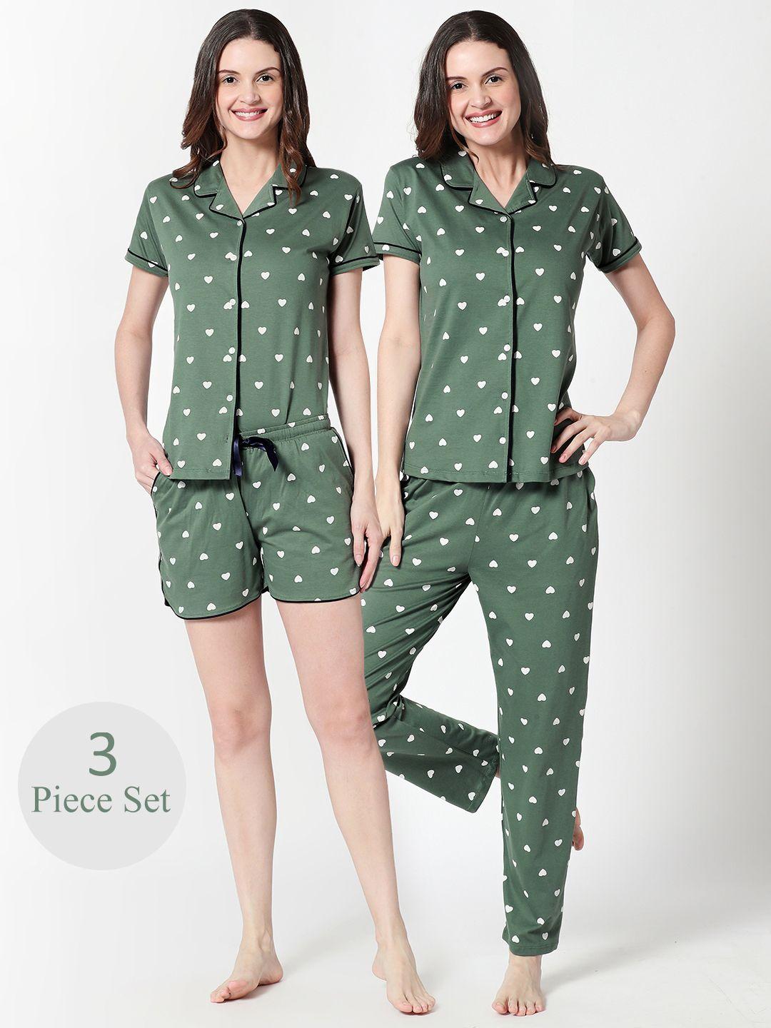 zeyo women green & white printed night suit