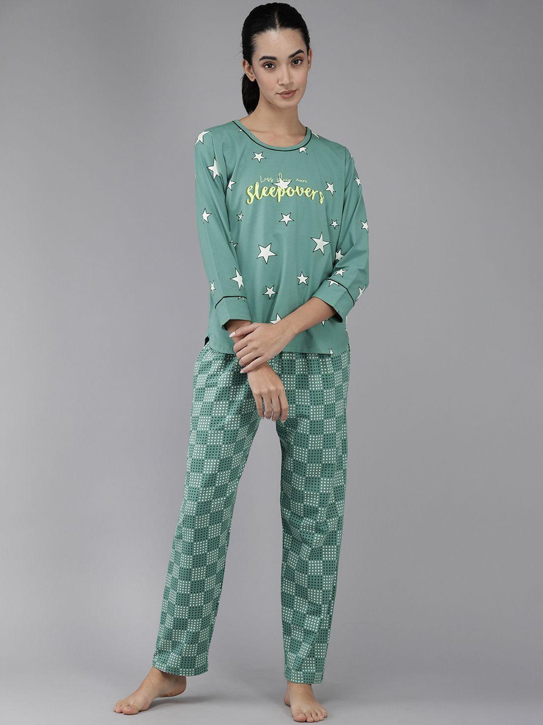 zeyo women green & white printed night suit