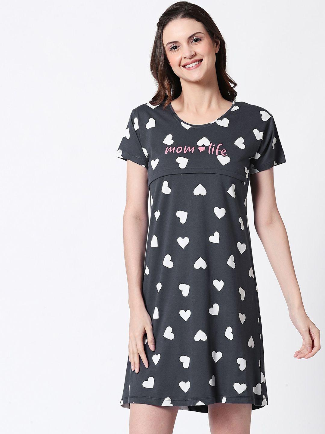 zeyo women grey & white pure cotton printed nursing & feeding nightdress