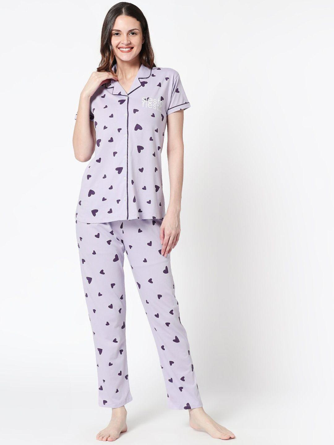 zeyo women lavender & purple printed night suit