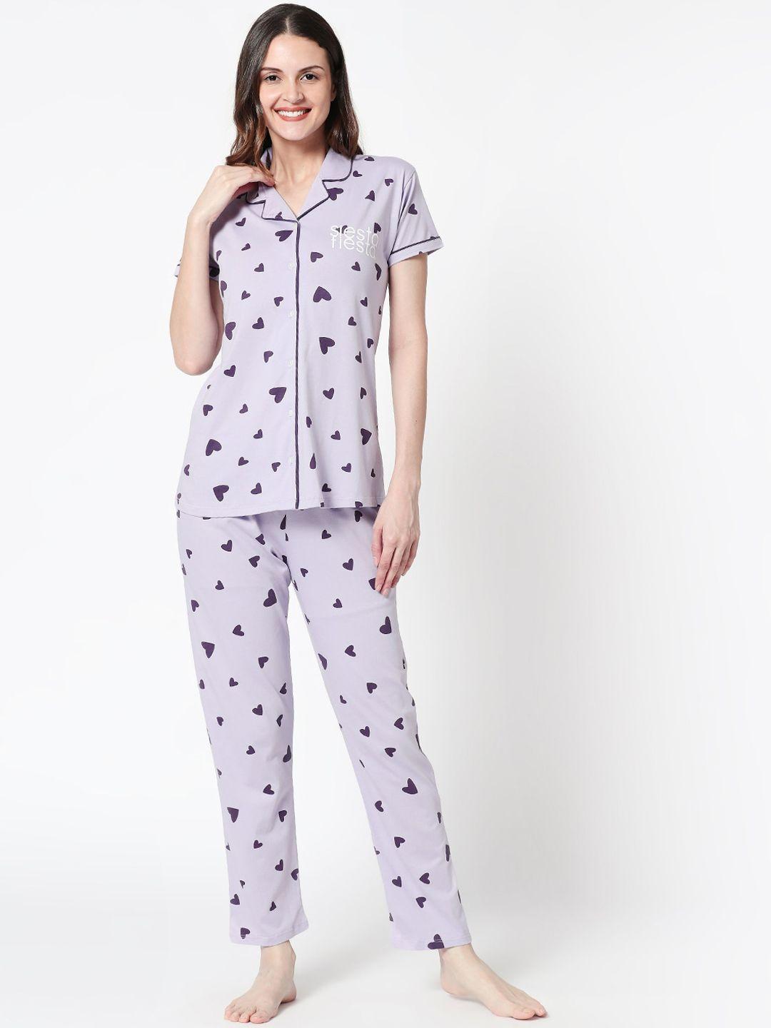 zeyo women lavender & purple printed pure cotton night suit