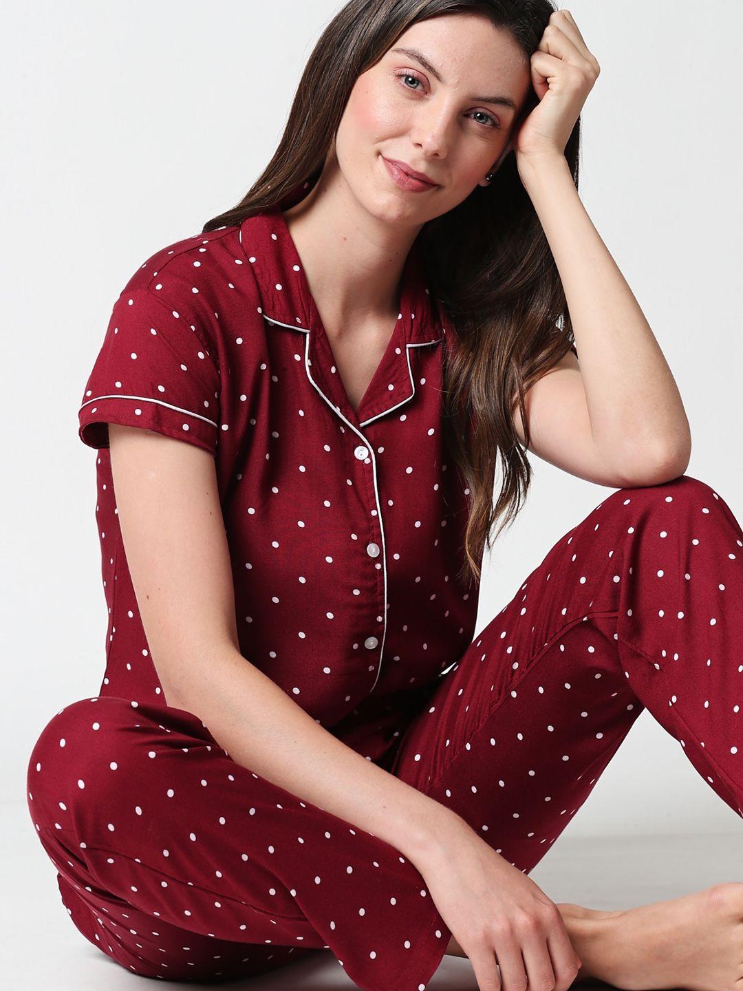 zeyo women maroon & white polka dot printed night suit