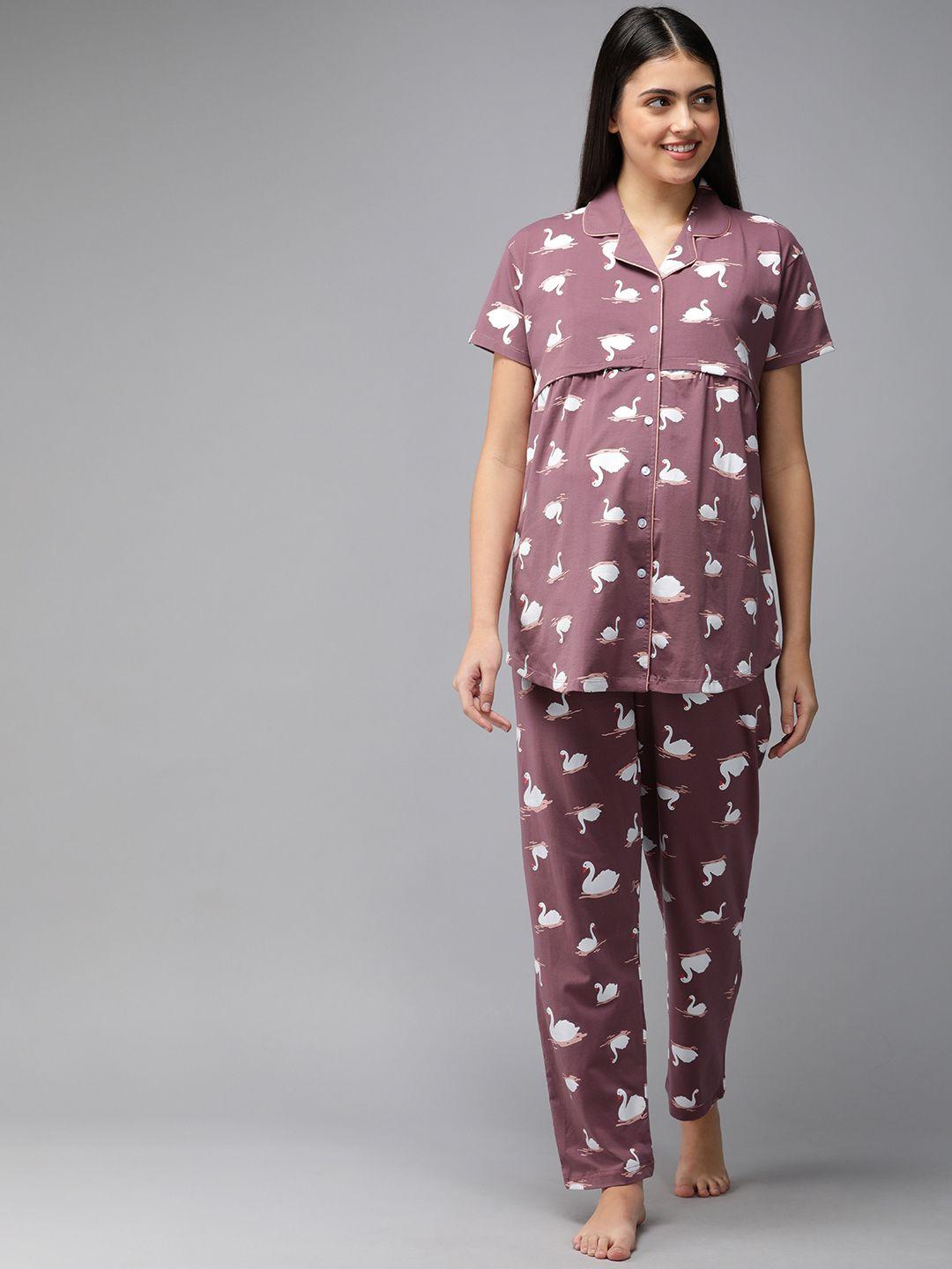 zeyo women mauve & white pure cotton printed maternity & feeding pyjama set