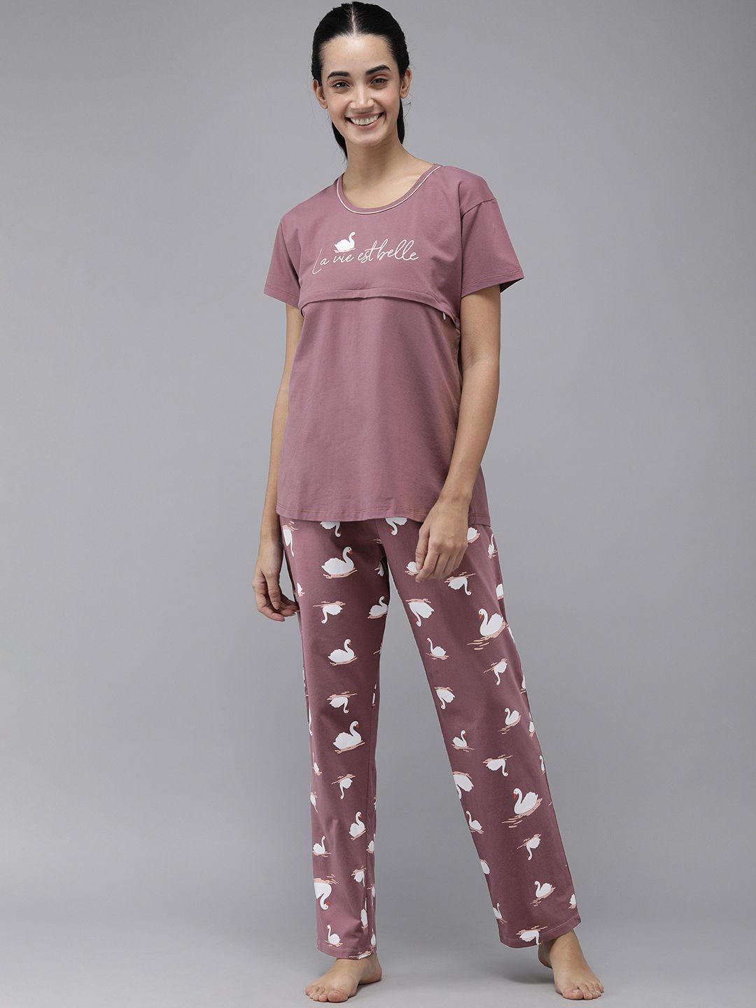 zeyo women mauve & white typography print cotton maternity pyjama set