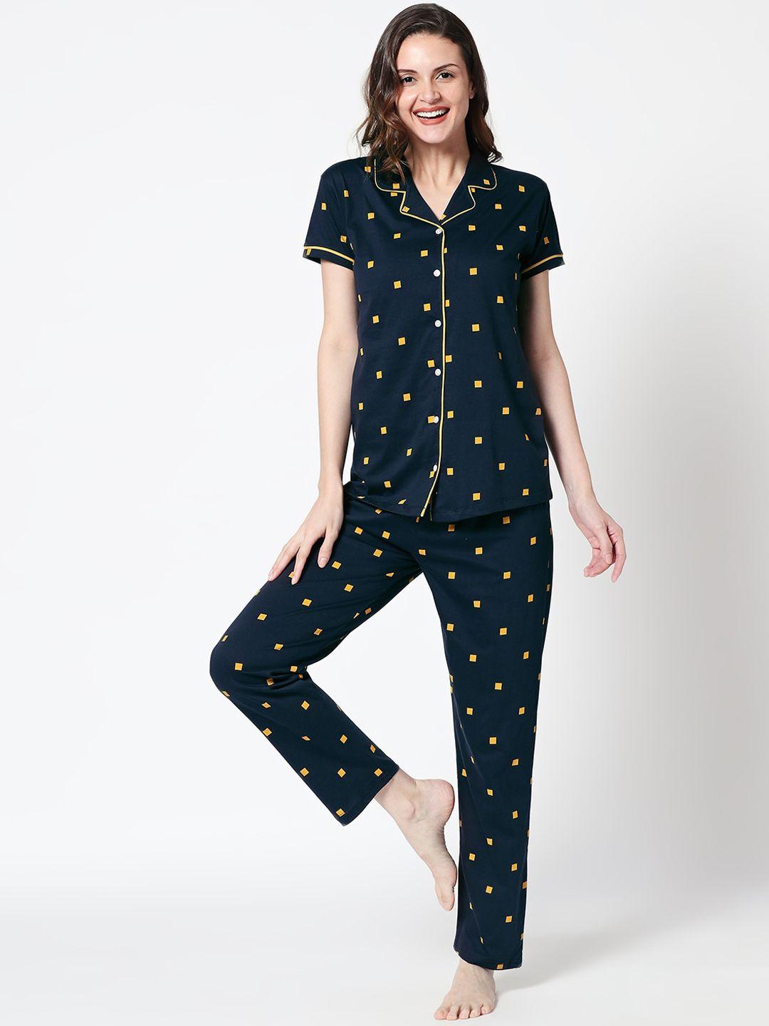 zeyo women navy blue & mustard yellow printed pure cotton night suit