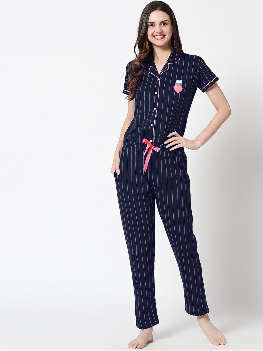 zeyo women navy blue & pink striped pure cotton night suit