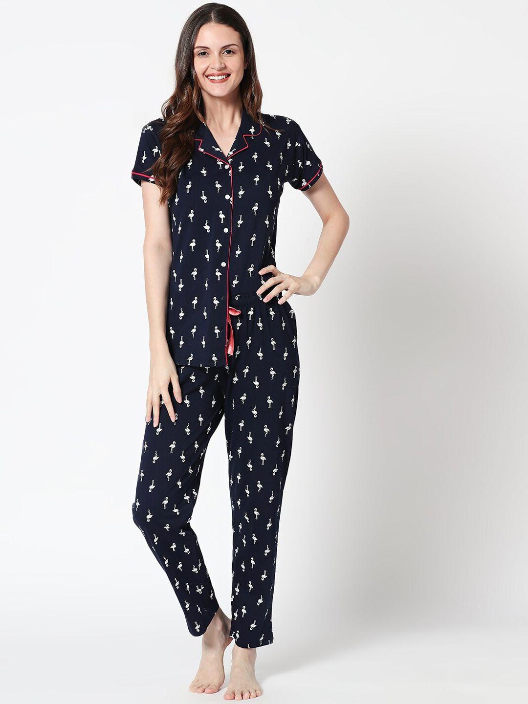 zeyo women navy blue & white flamingo printed night suit