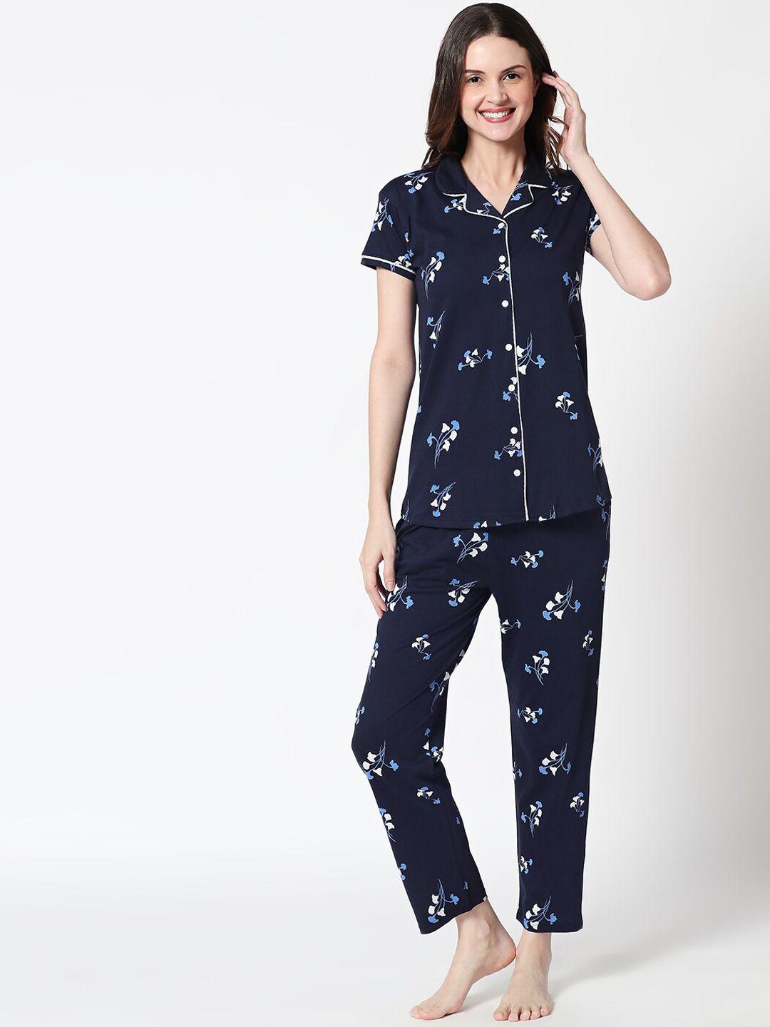 zeyo women navy blue & white floral printed night suit