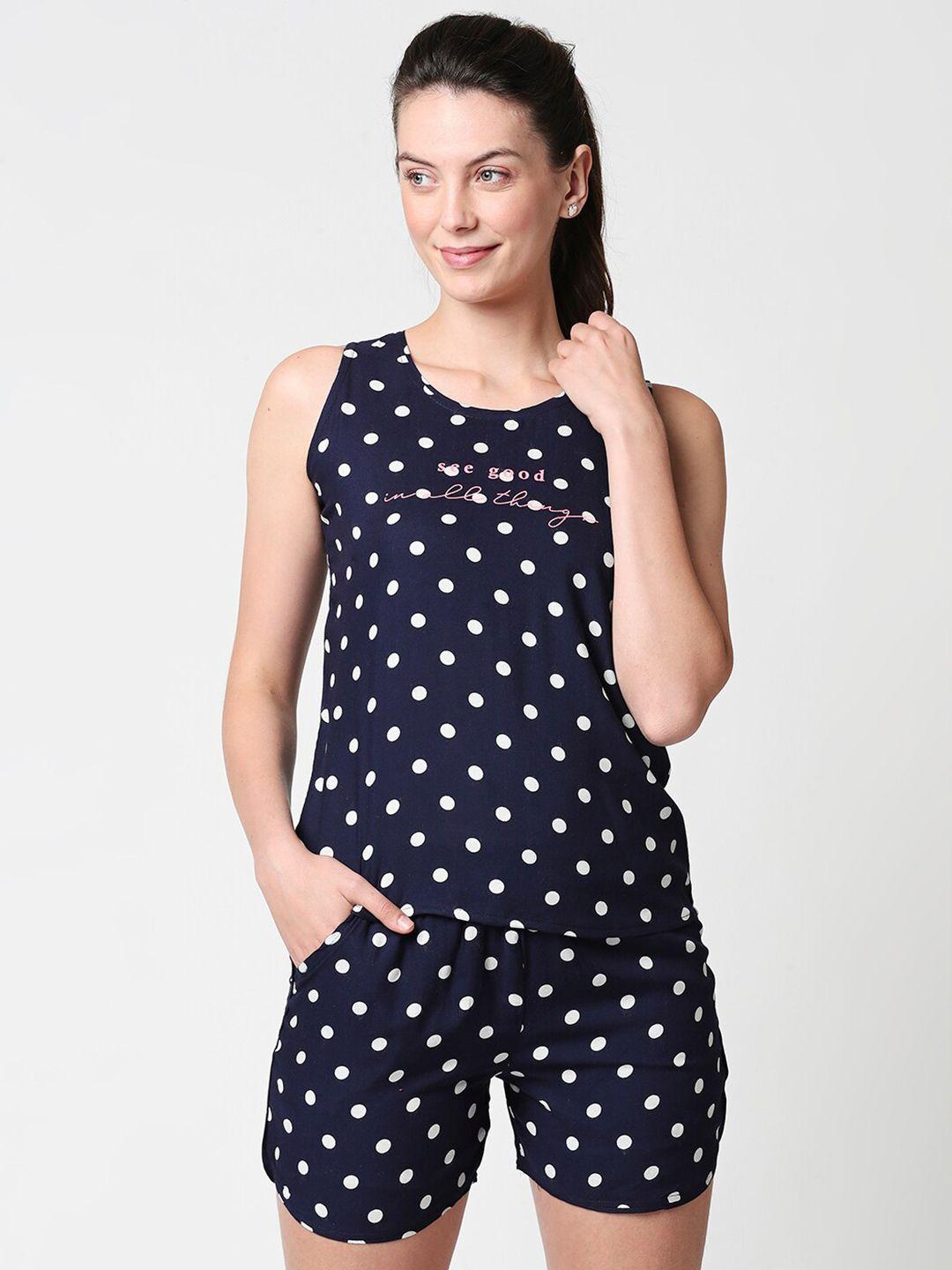 zeyo women navy blue & white polka dots printed night suit