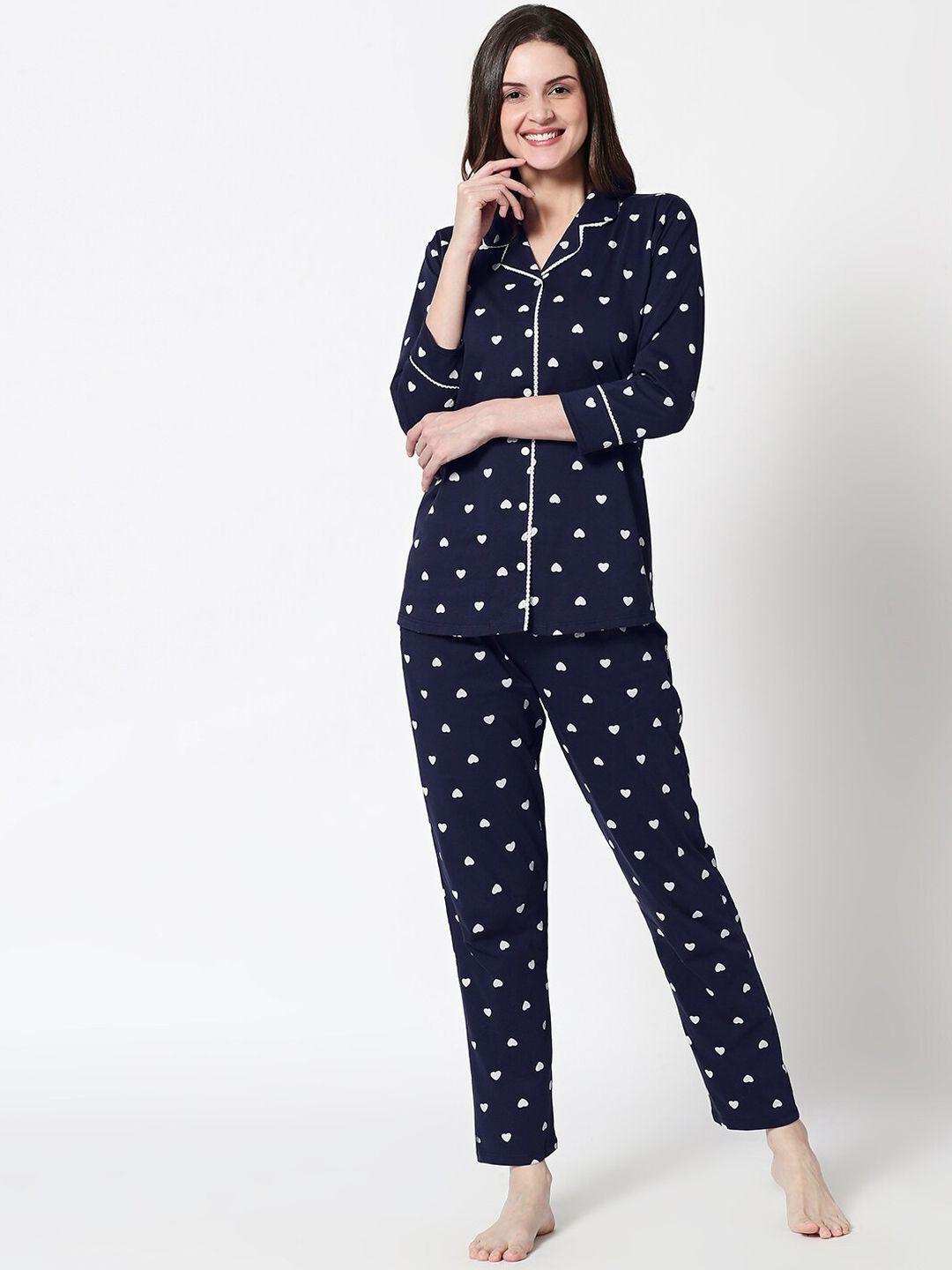 zeyo women navy blue & white printed night suit